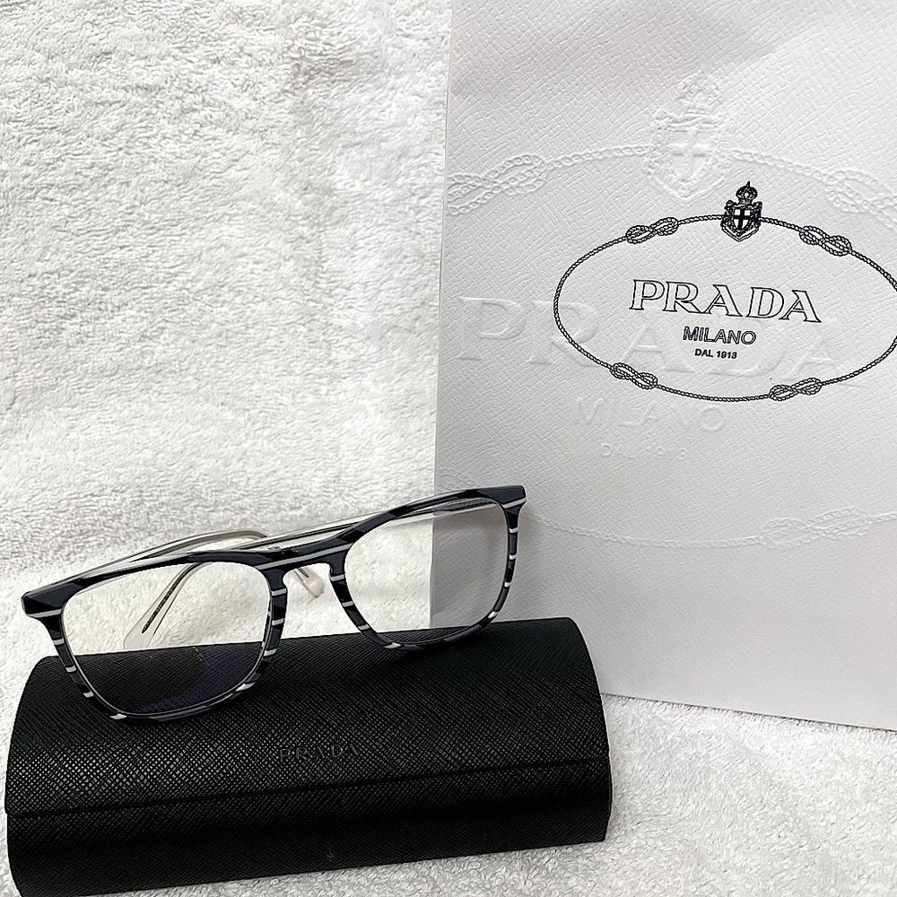 Prada glasses, case and shopping bag
